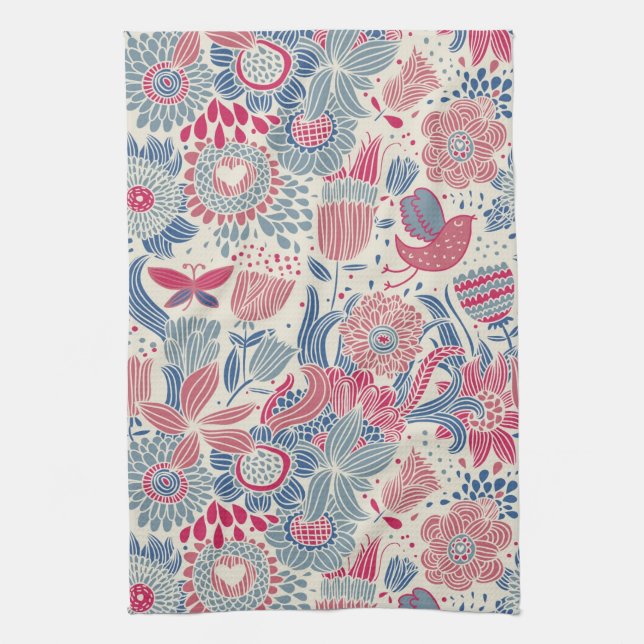 Linge De Cuisine Motif floral avec l'oiseau et le papillon (Vertical)