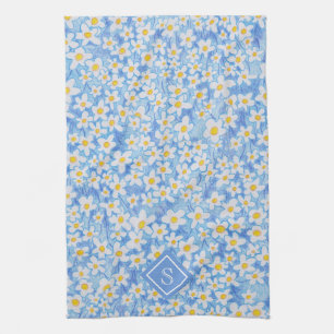 Linge De Cuisine Motif floral bleu marais Monogramme