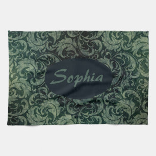 Linge De Cuisine Motif floral damassé vert élégant vintage