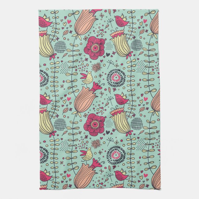 Linge De Cuisine Motif floral de bande dessinée avec des oiseaux (Vertical)
