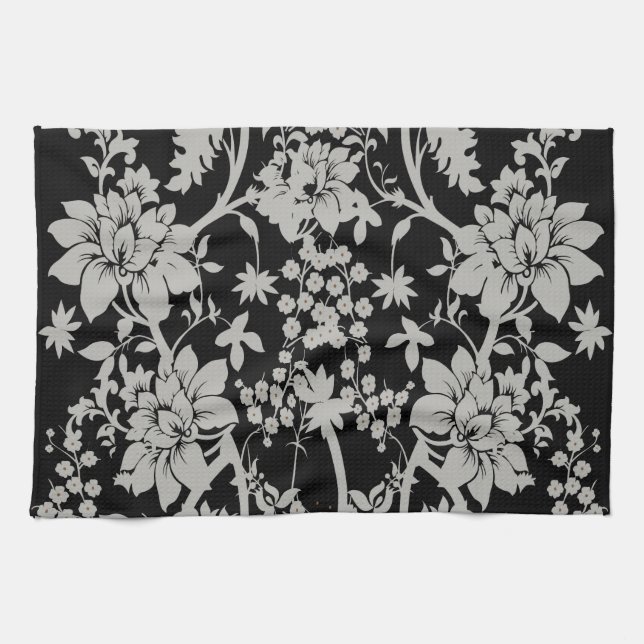 Linge De Cuisine Motif floral de la poussière noire et argentée (Horizontal)