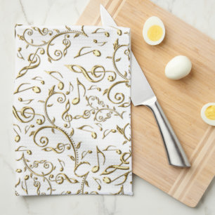Linge De Cuisine Motif floral de musique d'or sur le blanc ou toute