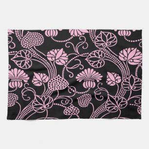 Linge De Cuisine Motif floral rétro rose sur fond noir