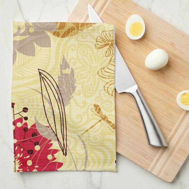 Linge De Cuisine Motif Floral Rustique Rétro Beige Et Rouge (Quart Plié)