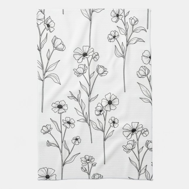 Linge De Cuisine Motif floral sans couture en art linéaire minimali (Vertical)