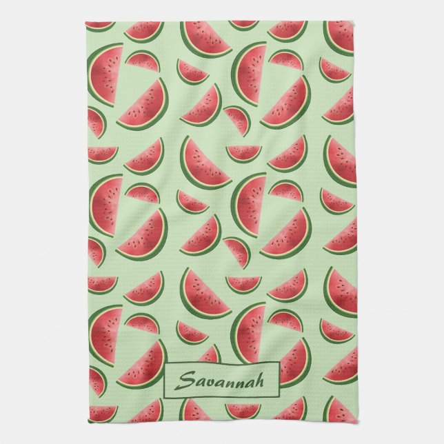 Linge De Cuisine Motif Fruit De Pastèque Sur Vert Avec Nom Personna (Vertical)