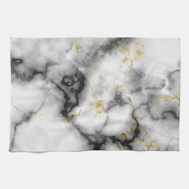 Linge De Cuisine Motif gris noir blanc et or marbre (Horizontal)