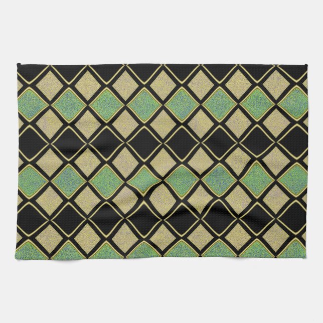 Linge De Cuisine Motif Harlequin en Or, Vert et Noir  (Horizontal)