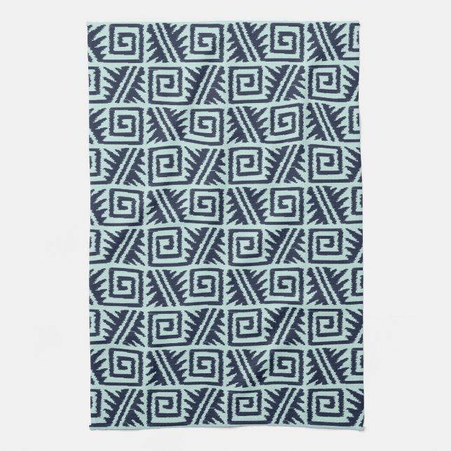 Linge De Cuisine Motif Ikat Aztec - Indigo et bleu clair (Vertical)