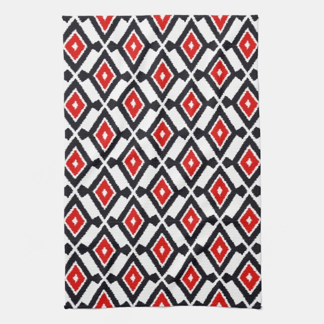 Linge De Cuisine Motif Ikat - Rouge foncé, noir et blanc (Vertical)