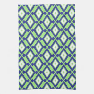 Linge De Cuisine Motif Ikat - Vert, Indigo Bleu et Blanc
