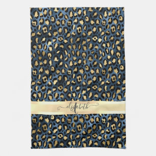 Linge De Cuisine Motif léopard bleu or monogramme