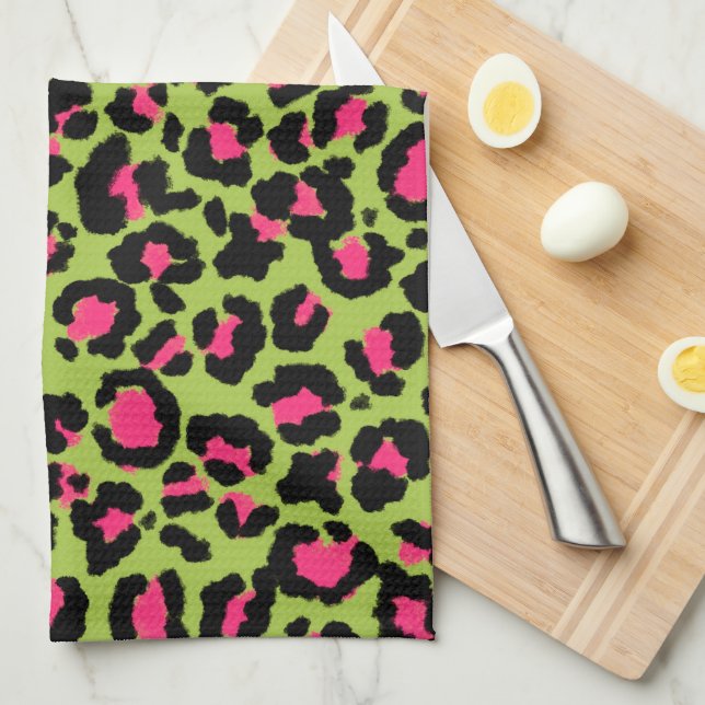 Linge De Cuisine Motif léopard en framboise sur Lime Green (Quart Plié)