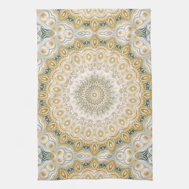 Linge De Cuisine Motif Mandala Gold et White avec accents Turquoise (Vertical)