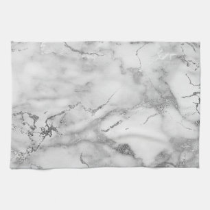 Linge De Cuisine Motif Marbre Blanc et Argent Moderne