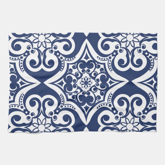 Linge De Cuisine Motif marocain bleu et blanc (Horizontal)