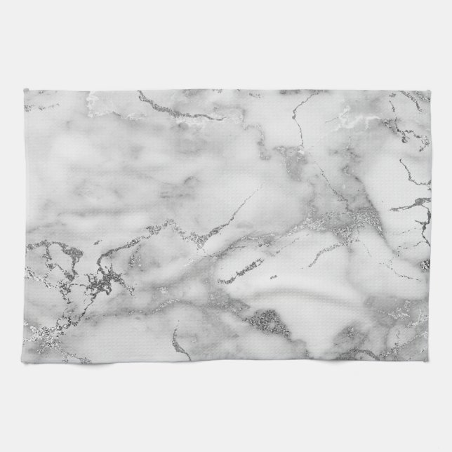 Linge De Cuisine Motif moderne en marbre blanc et argent (Horizontal)