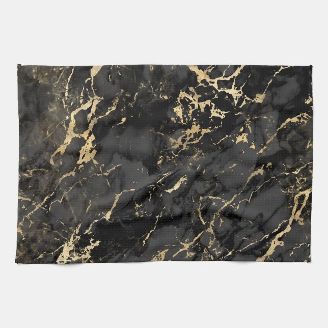 Linge De Cuisine Motif moderne en marbre noir et or (Horizontal)