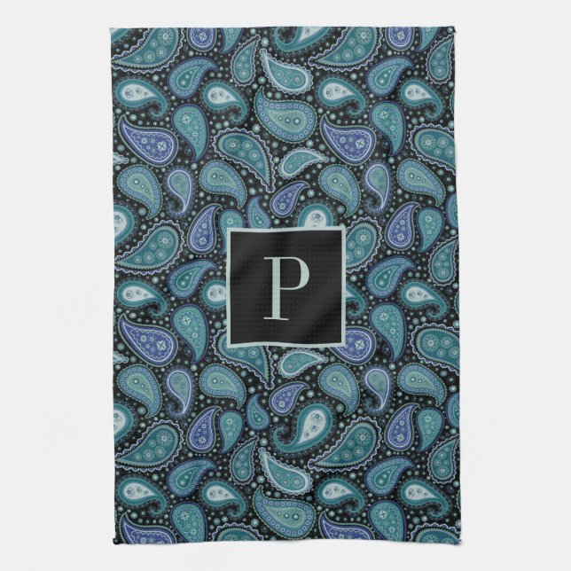 Linge De Cuisine Motif Monogramme Retro Blue Paisley (Vertical)