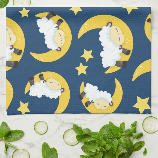 Linge De Cuisine Motif mouton, Mouton couché, Lune, Étoiles (Plié)