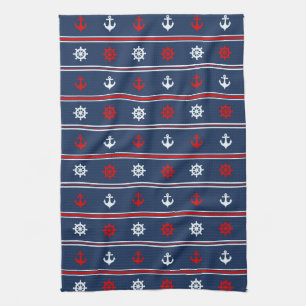 Linge De Cuisine Motif nautique blanc et bleu rouge