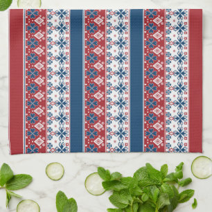 Linge De Cuisine Motif norvégien rayé bleu rouge