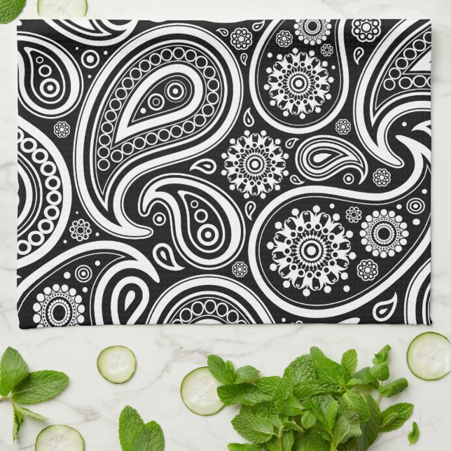 Linge De Cuisine Motif Paisley, Persian Paisley, noir et blanc (Plié)