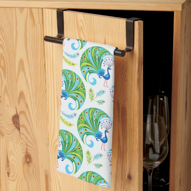 Linge De Cuisine Motif Paon et Plumes (Pliage en tiers)