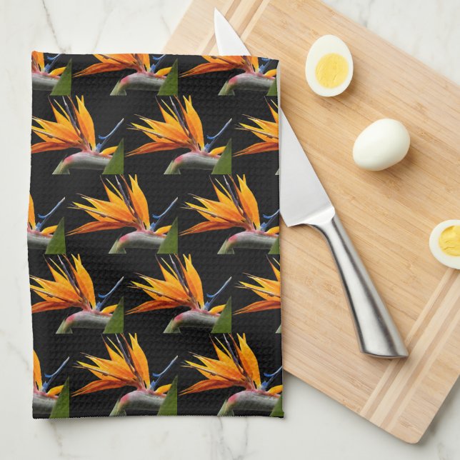 Linge De Cuisine Motif Plante Orange Bird of Paradise sur Noir (Quart Plié)