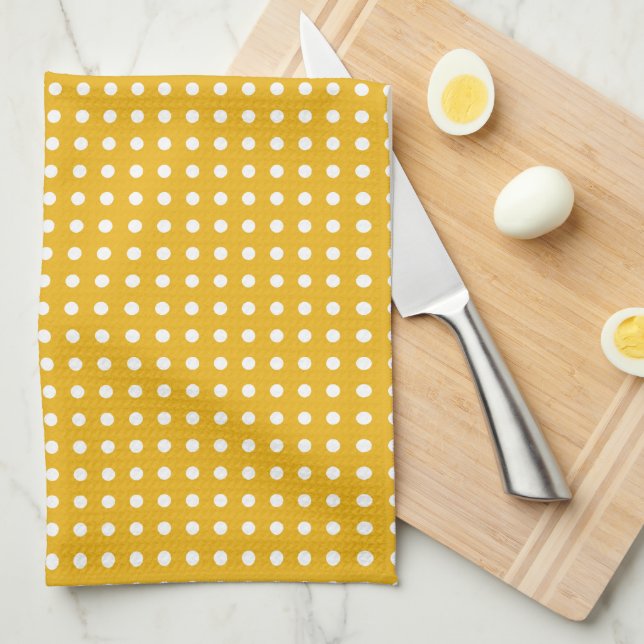 Linge De Cuisine Motif Polkadot blanc et jaune (Quart Plié)
