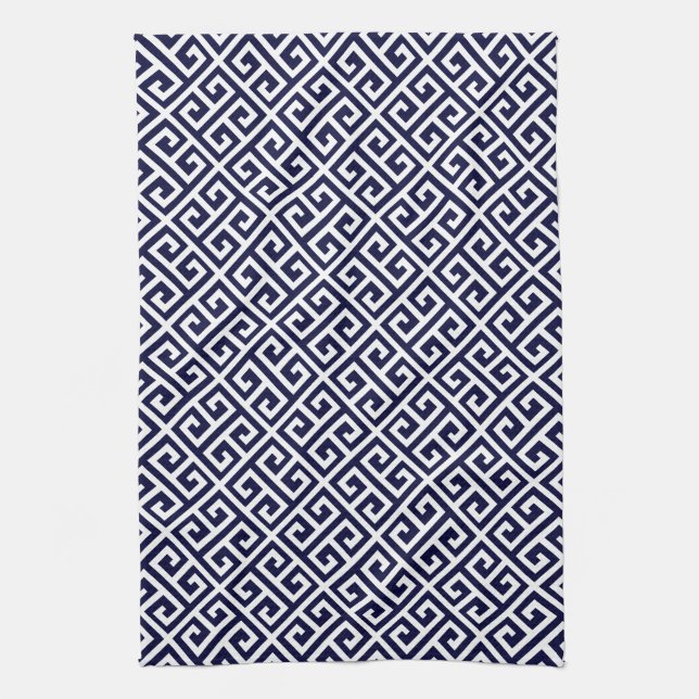 Linge De Cuisine Motif principal grec de bleu marine et blanc (Vertical)