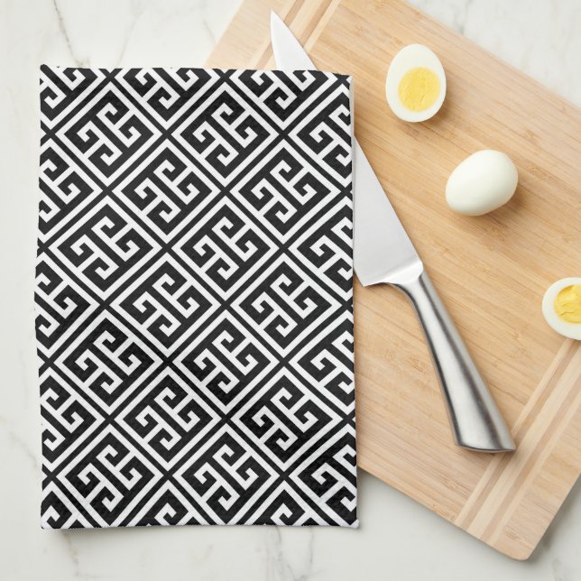 Linge De Cuisine Motif principal grec noir et blanc (Quart Plié)