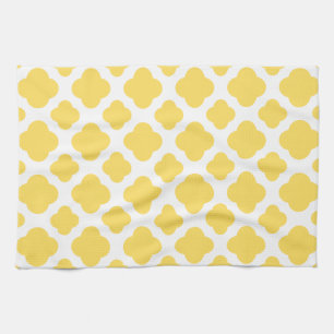 Linge De Cuisine Motif Quatrefoil jaune citron et blanc