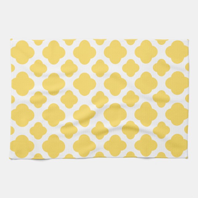 Linge De Cuisine Motif Quatrefoil jaune citron et blanc (Horizontal)