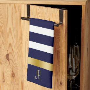 Linge De Cuisine Motif rayé bleu et blanc avec accents dorés