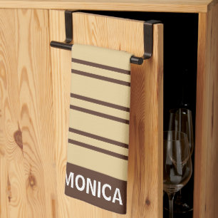 Linge De Cuisine Motif rayures beige et marron monogramme Nom