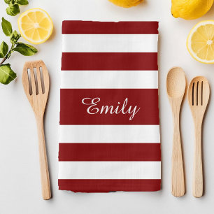 Linge De Cuisine Motif rayures rouges et blanches Nom Imprimé