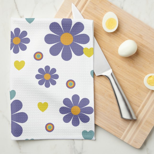 Linge De Cuisine motif rétro à fleurs violet des années 1970 (Quart Plié)