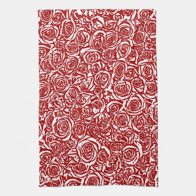 Linge De Cuisine Motif Rose Abstrait moderne, rouge foncé et blanc (Vertical)
