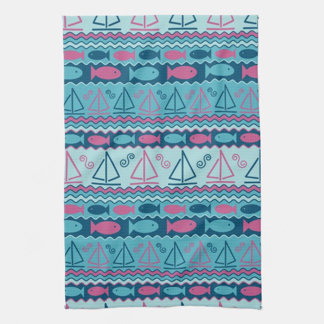 Linge De Cuisine Motif Super Fun Fish And Sailboat (Vertical)