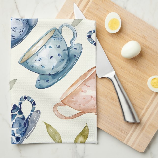 Linge De Cuisine motif tasses à thé bleu rose aquarelle (Quart Plié)