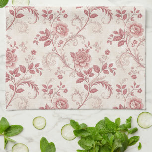 Linge De Cuisine Motif Toile De Jouy Rose Pâle Vintage