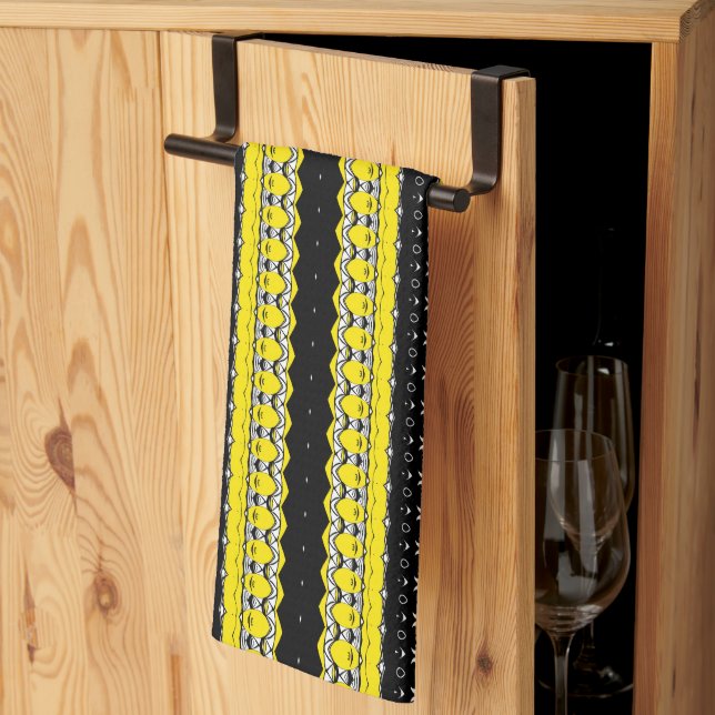 Linge De Cuisine Motif tribal noir, jaune et blanc (Pliage en tiers)