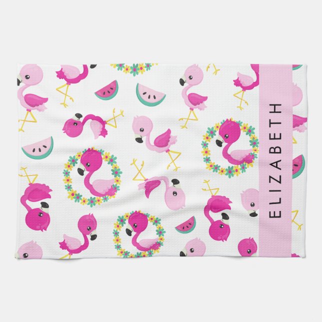 Linge De Cuisine Motif tropical, Flamants roses, Fleurs, Votre Nom (Horizontal)