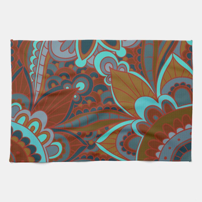 Linge De Cuisine Motif, turquoise et brun de Bohème (Horizontal)