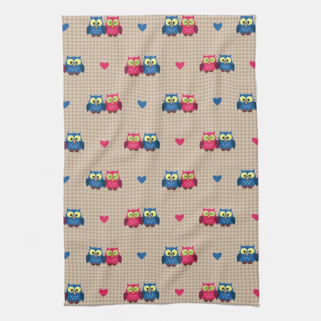Linge De Cuisine Motif vérifié avec des hiboux d'amour (Vertical)