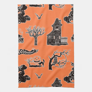 Linge De Cuisine Motif vintage Halloween orange et noir