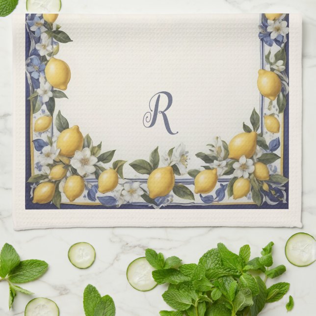 Linge De Cuisine Motif vintage méditerranéen bleu et jaune citron (Plié)