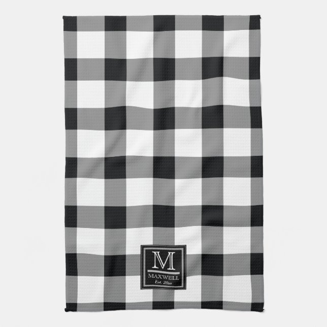 Linge De Cuisine Moyenne Rustic Buffalo Checks Monogramme Nom Année (Vertical)