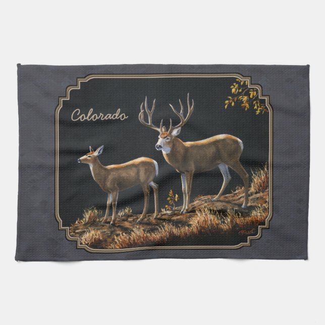 Linge De Cuisine Mule Deer Buck et Doe Grey Custom (Horizontal)